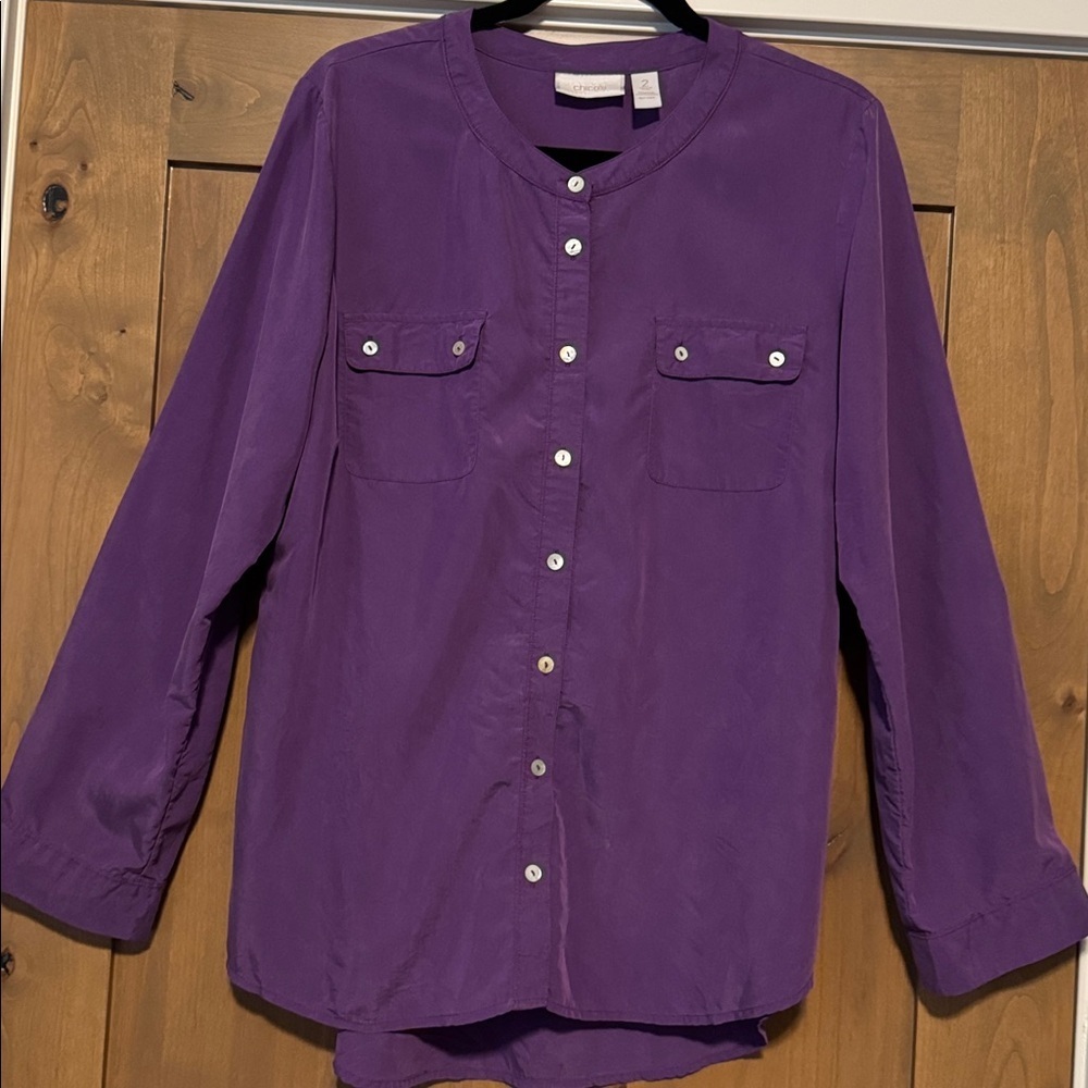 Chicos Button down Blouse Womens 2/L Jewel Tone Purple Modal Blend Office career